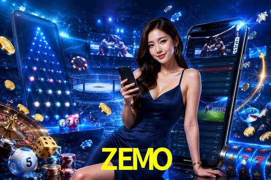 Una escena digital vívida inspirada en casino con ZEMO mostrado prominentemente, luces brillantes, fichas, cartas y acentos dorados.
